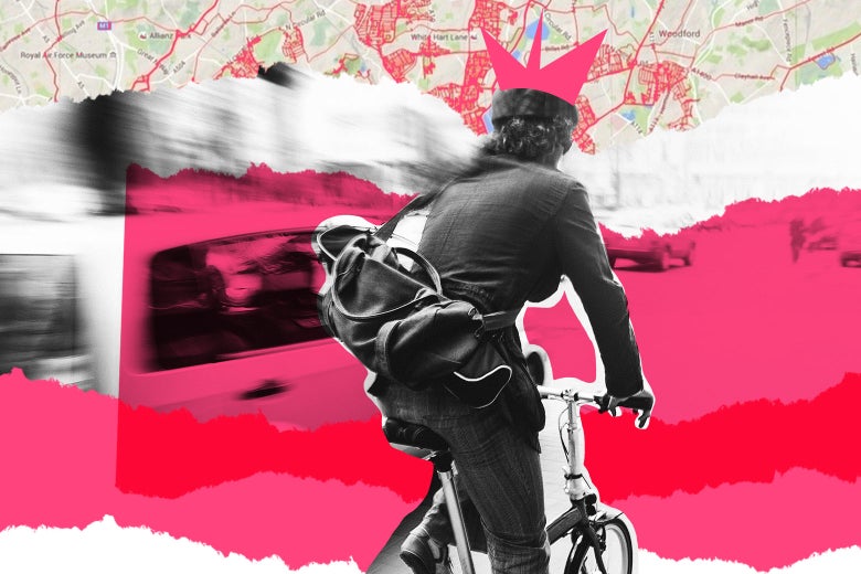 Collage of woman riding her bike through town and a map.
